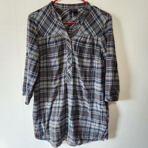 Mango MNG Plaid Tunic Shirt Dress Blue Gray Check 3/4 Sleeve Cotton Size Med